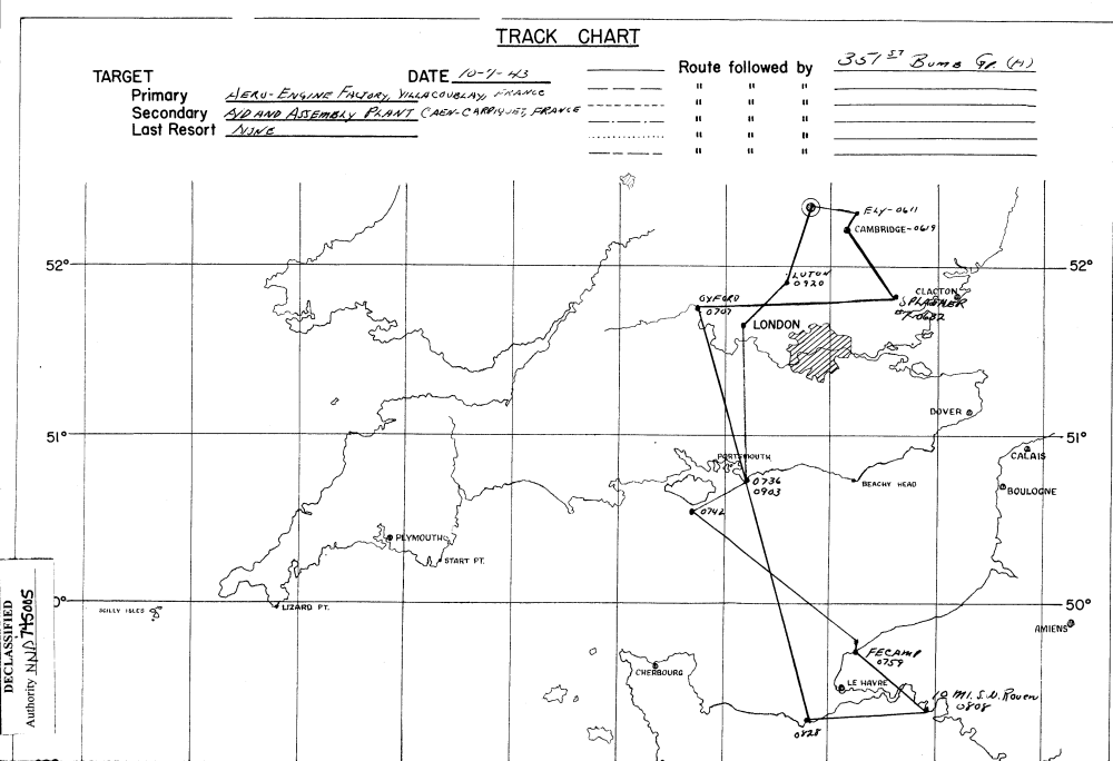 Track chart, mission 17, 10 Jul 1943 (351st Bomb Group Association)