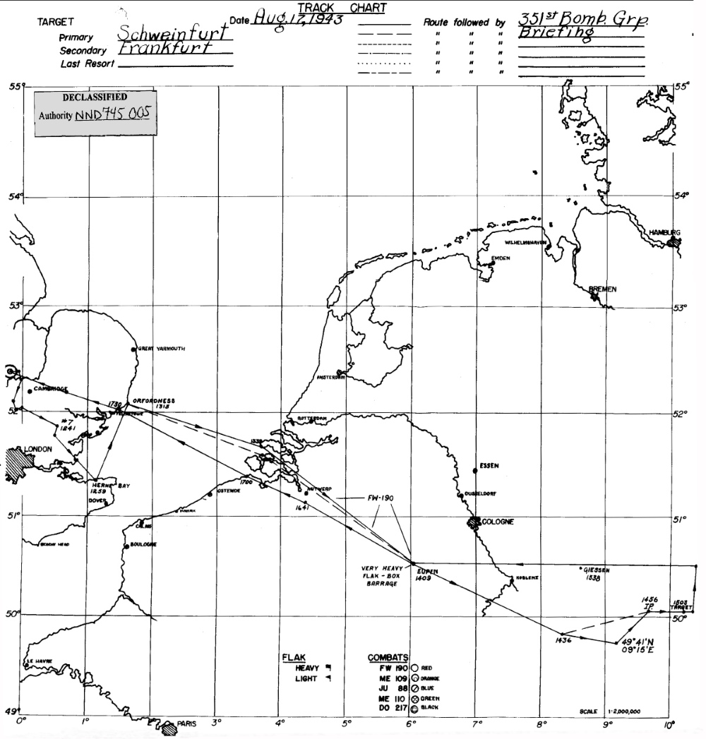 Track chart, mission 29, 17 Aug 1943 (351st Bomb Group Association)