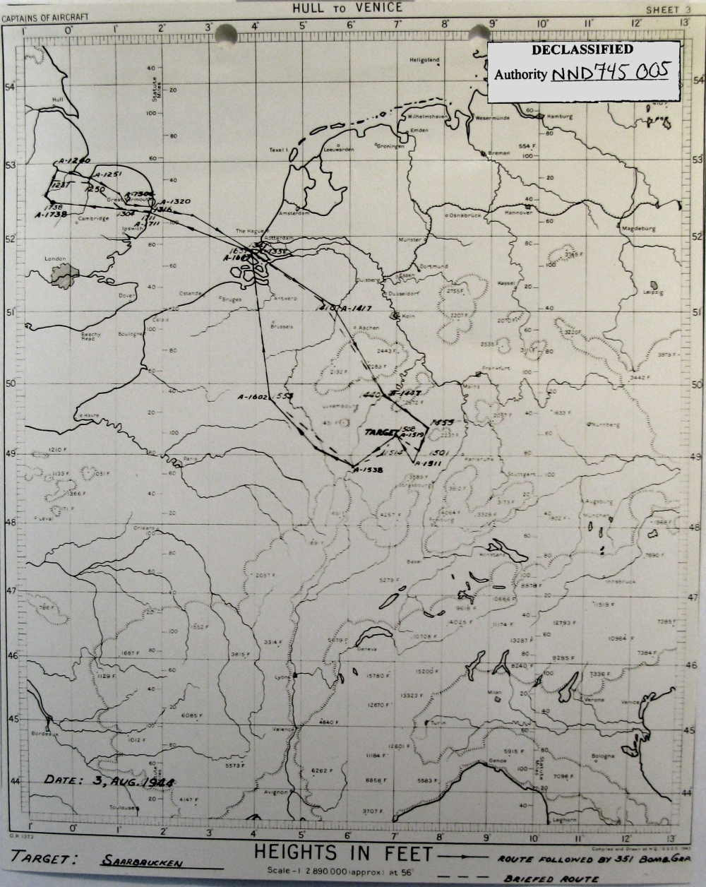Track chart, mission 182, 3 Aug 1944 (351st Bomb Group Association)