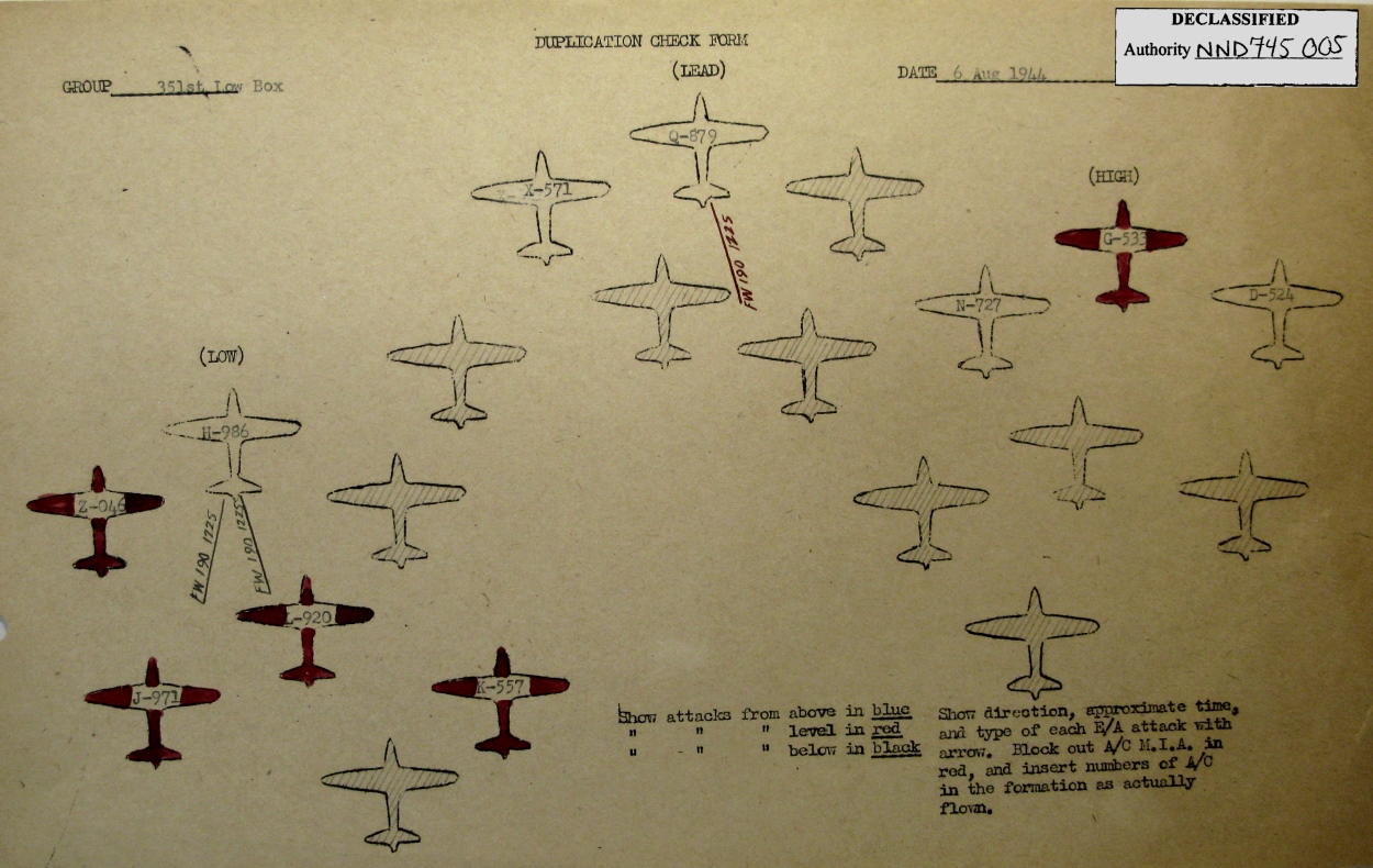 Combat duplication form (load list), mission 185, 6 Aug 1944 (351st Bomb Group Association)