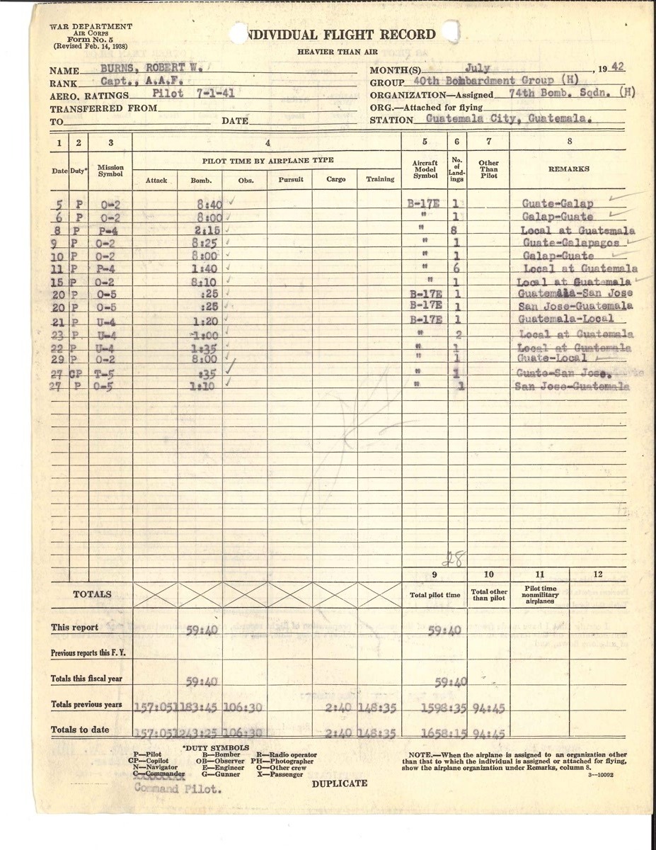 July 1942 Form 5 — Bob's flight record at Guatemala City showing Galapagos patrol entries
