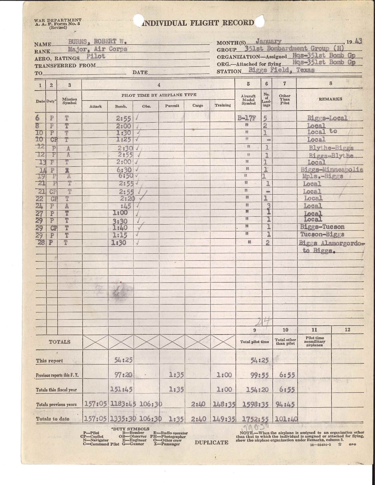 January 1943 Form 5 — Bob's flight record at Biggs Field showing the Blythe-Biggs entry