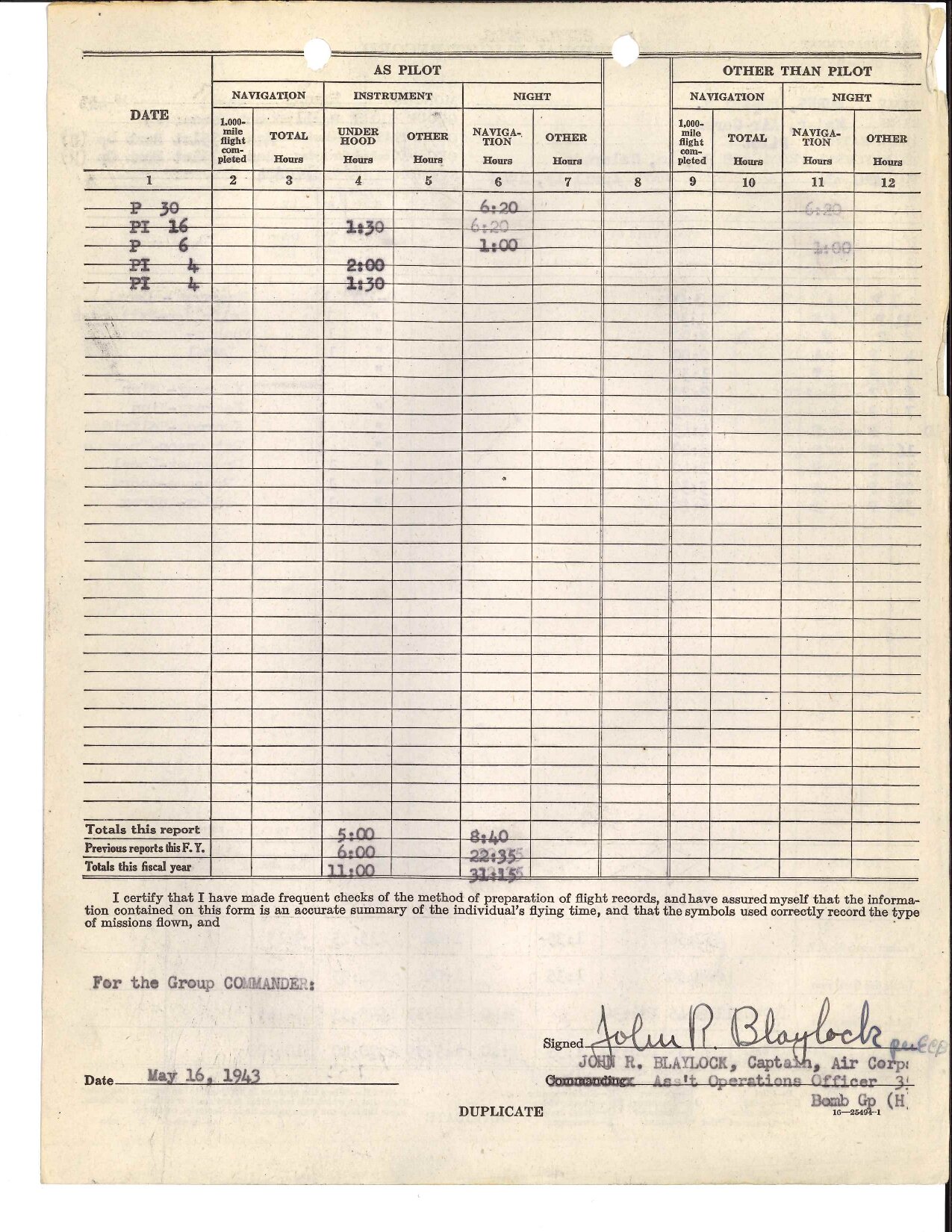 April 1943 Form 5 — Bob's flight record showing Kearney-Selfridge and Selfridge-Patterson entries