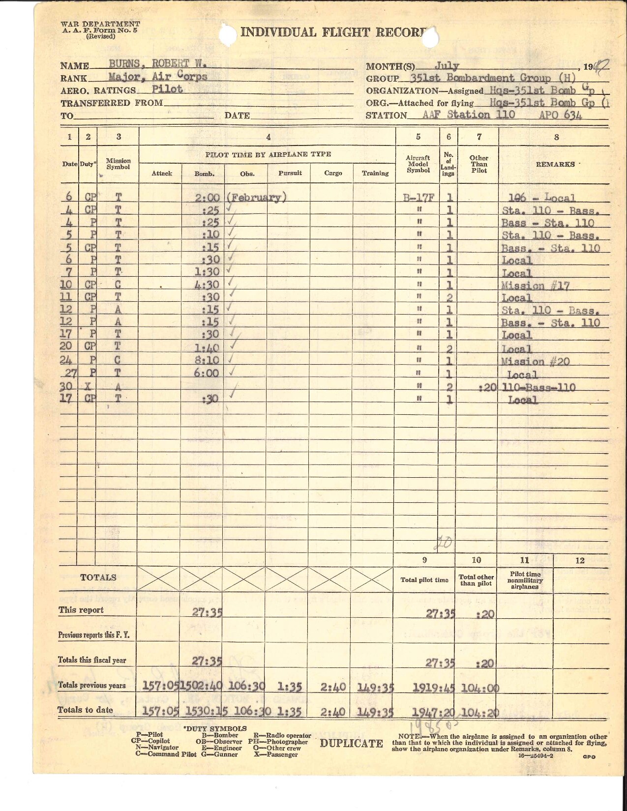 July 1943 Form 5 — Bob's flight record showing Mission #20 at 8:10 hours