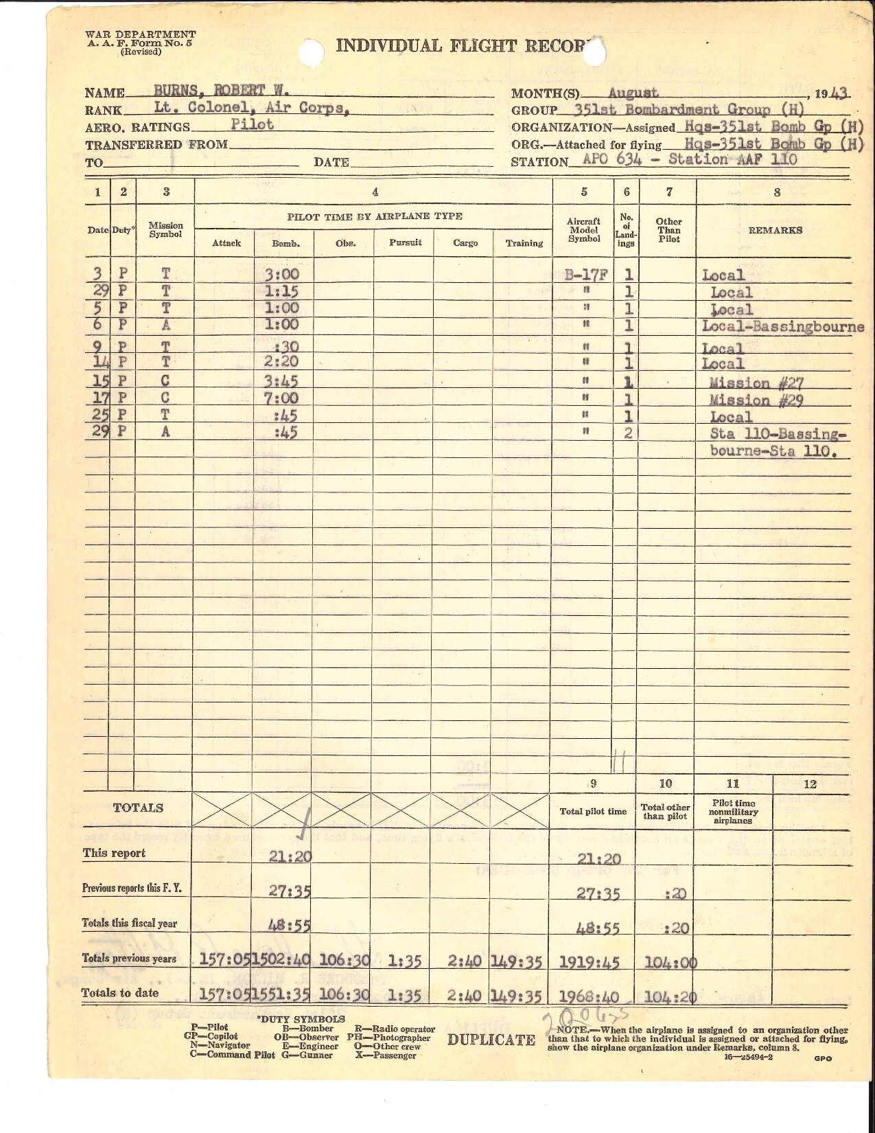August 1943 Flight Record