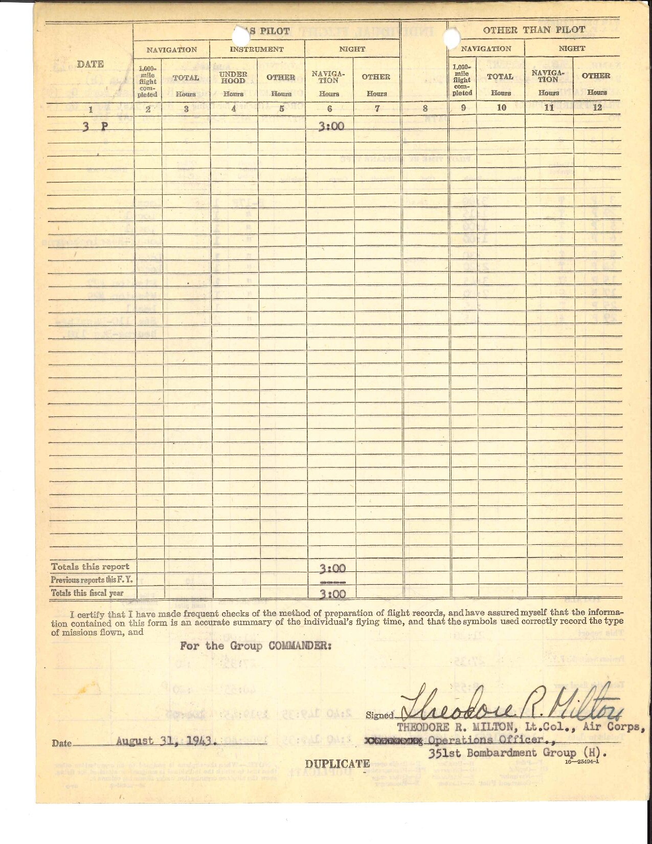 August 1943 AAF Form No. 5 — back page (totals, certification)