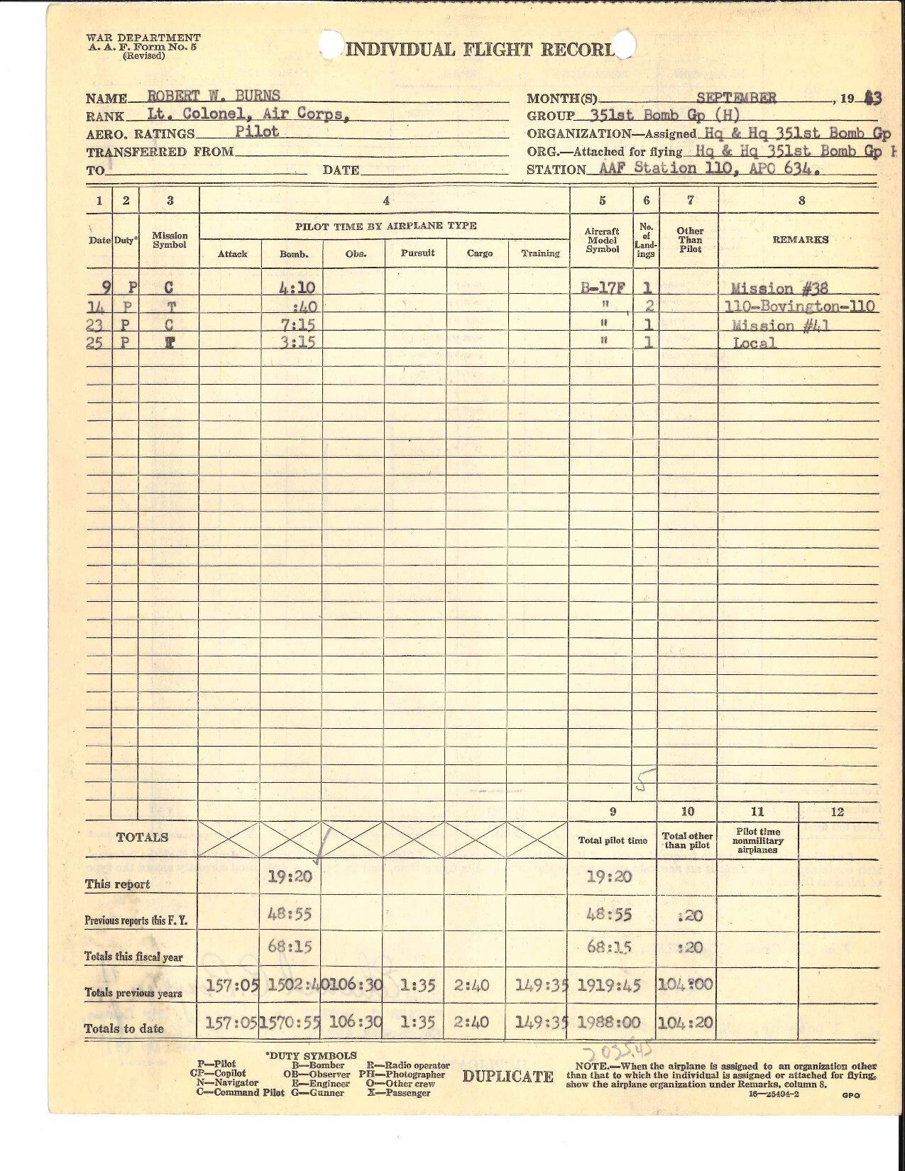 September 1943 Flight Record