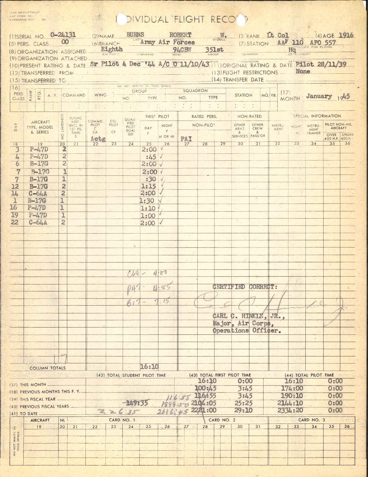 January 1945 Form 5 — Bob's flight record at Polebrook showing the P-47D entries on January 3 and 4