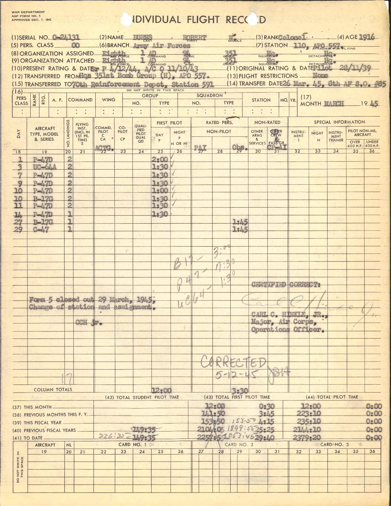 March 1945 Form 5 — Bob's last flight record at Polebrook showing the final B-17G entry