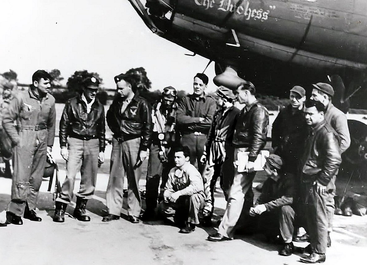 Informal post-mission photo under The Duchess nose art, September 23, 1943