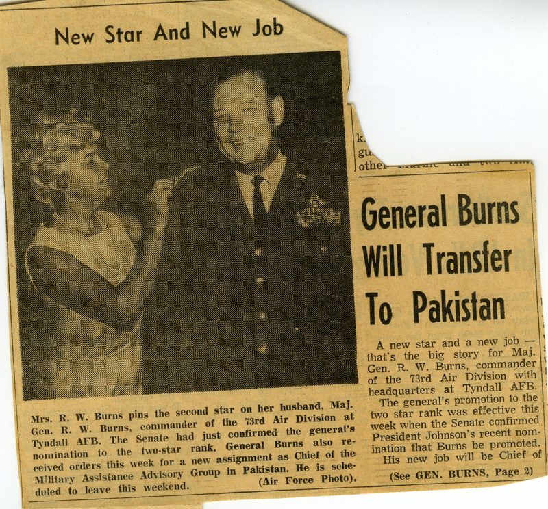 Ruth Burns pinning the second star on Bob's shoulder at his promotion to Major General, Tyndall AFB, May 1965