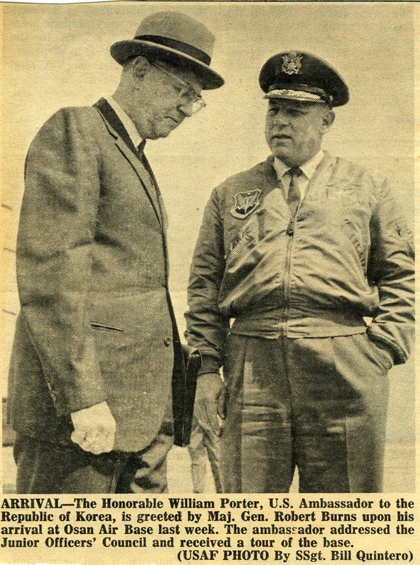 Newspaper clipping: U.S. Ambassador to Korea William Porter arriving at Osan Air Base, greeted by Maj. Gen. Robert W. Burns, 1968