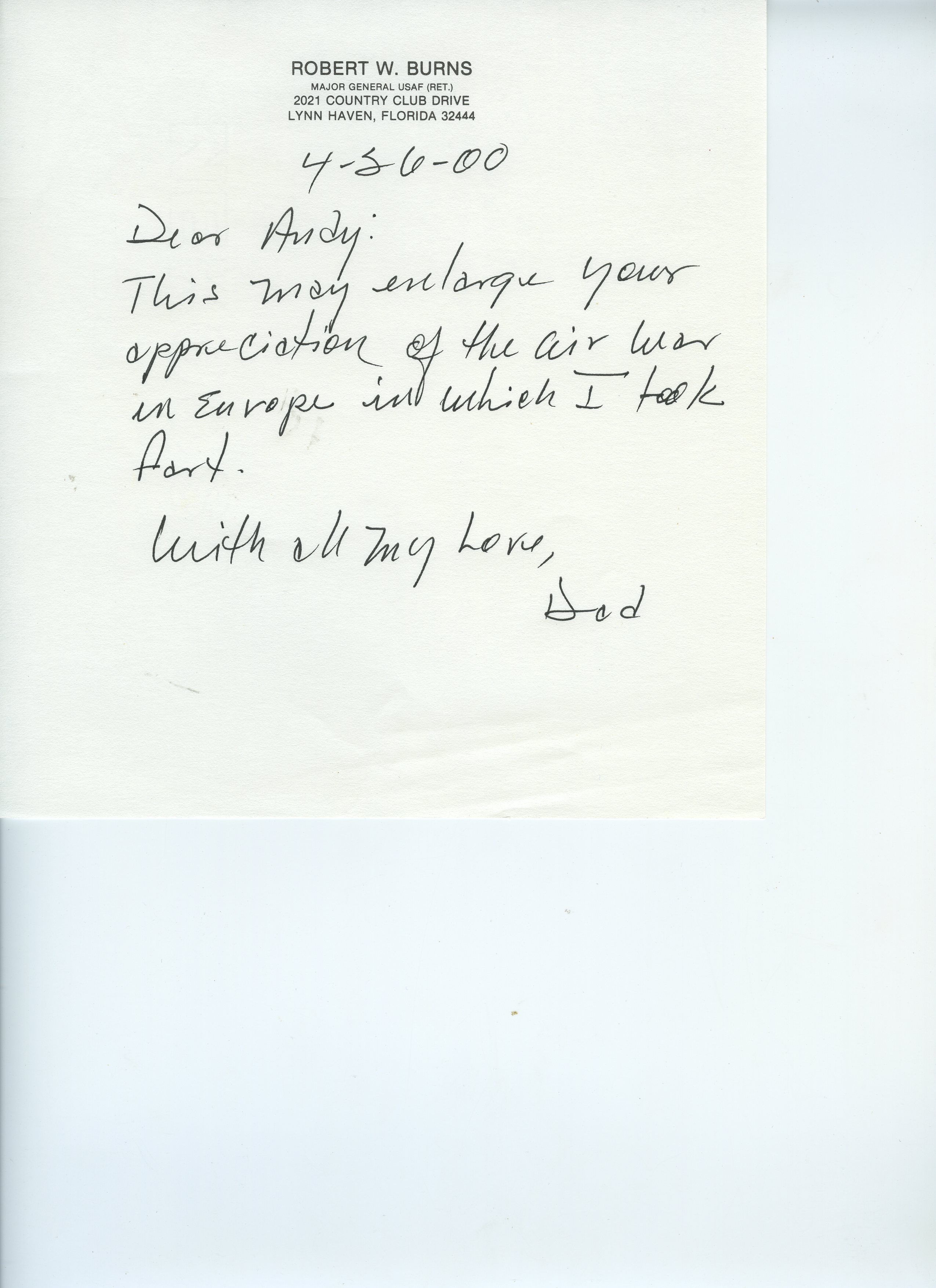 Bob's handwritten note to Andy, April 26, 2000, on his personal stationery